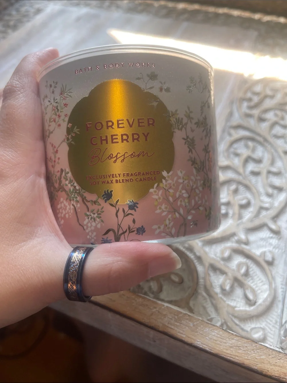 Bath & Body Works Forever Cherry Blossom Candle - Pink & Gold Floral Jar